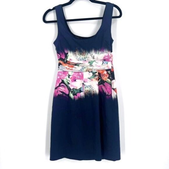 Elie Tahari Womans Graphic Print Sleeveless Floral Sheath Dress Navy Blue Size 2 - Picture 1 of 13
